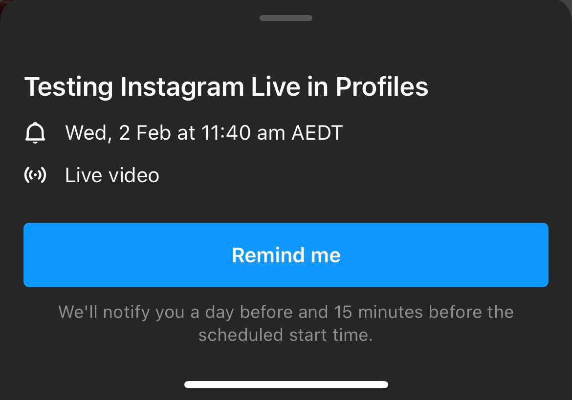Uno screenshot del popup di Instagram con i dettagli di un live streaming programmato.