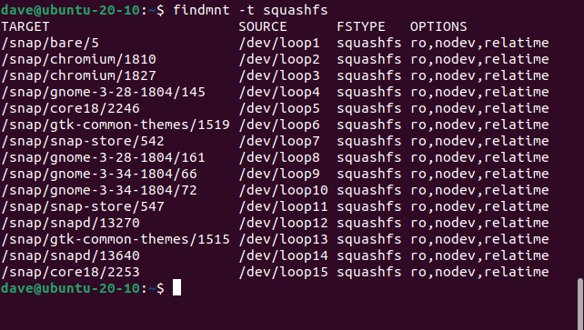 Ispezione dei punti di montaggio del file system squashfs con findmnt