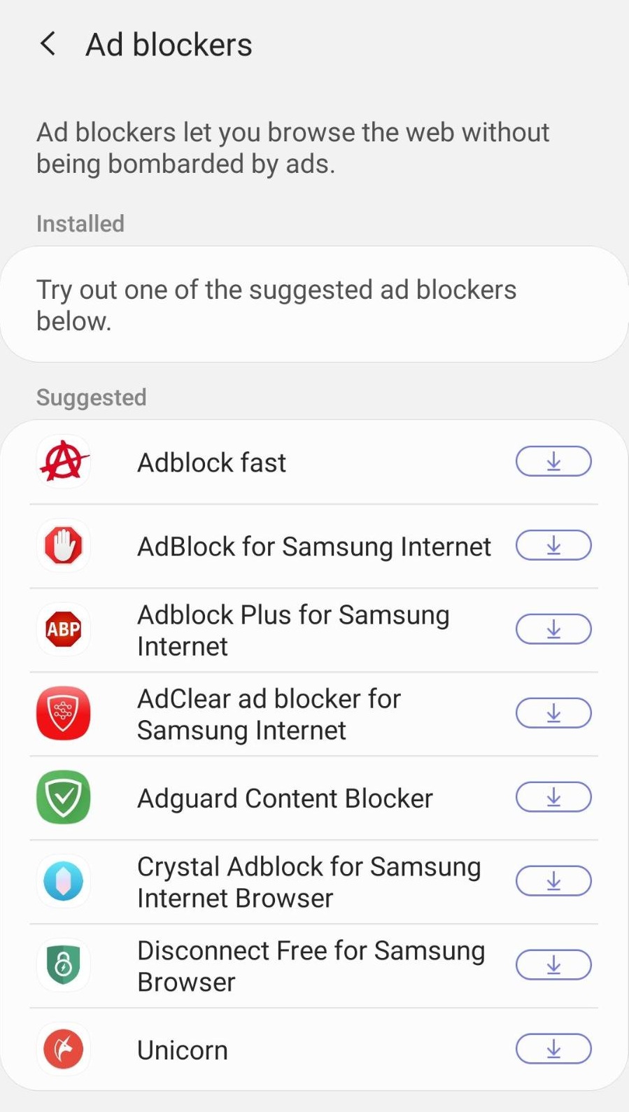 Ad Blockers nel browser Internet Samsung