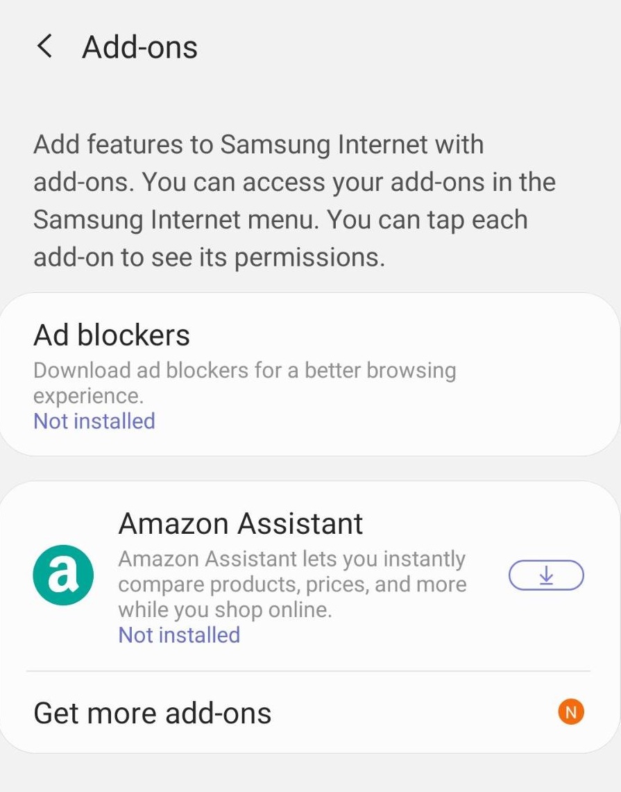 componenti aggiuntivi nel browser Samsung Internet Mobile