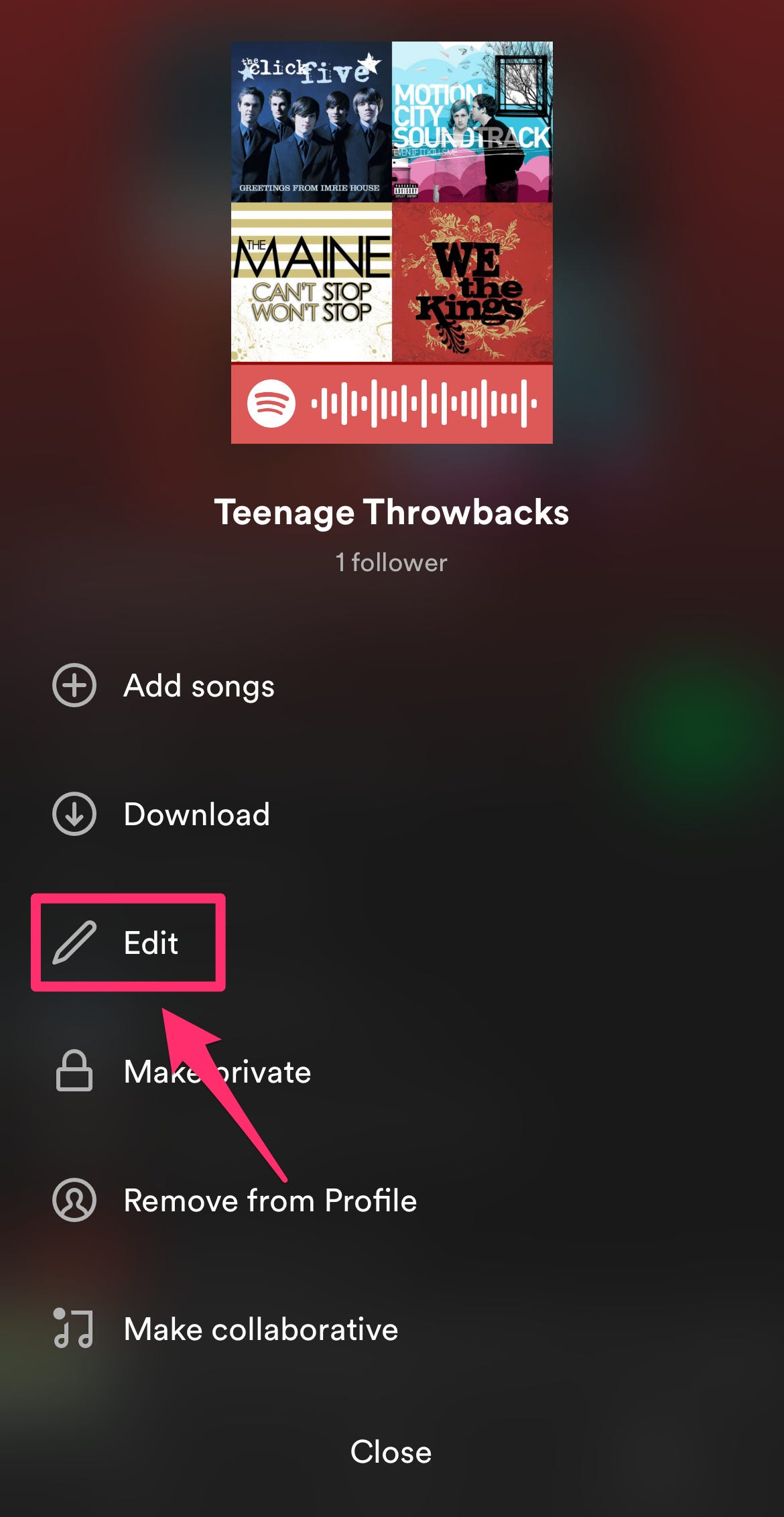 Schermata del menu Spotify che evidenzia l'opzione Modifica.