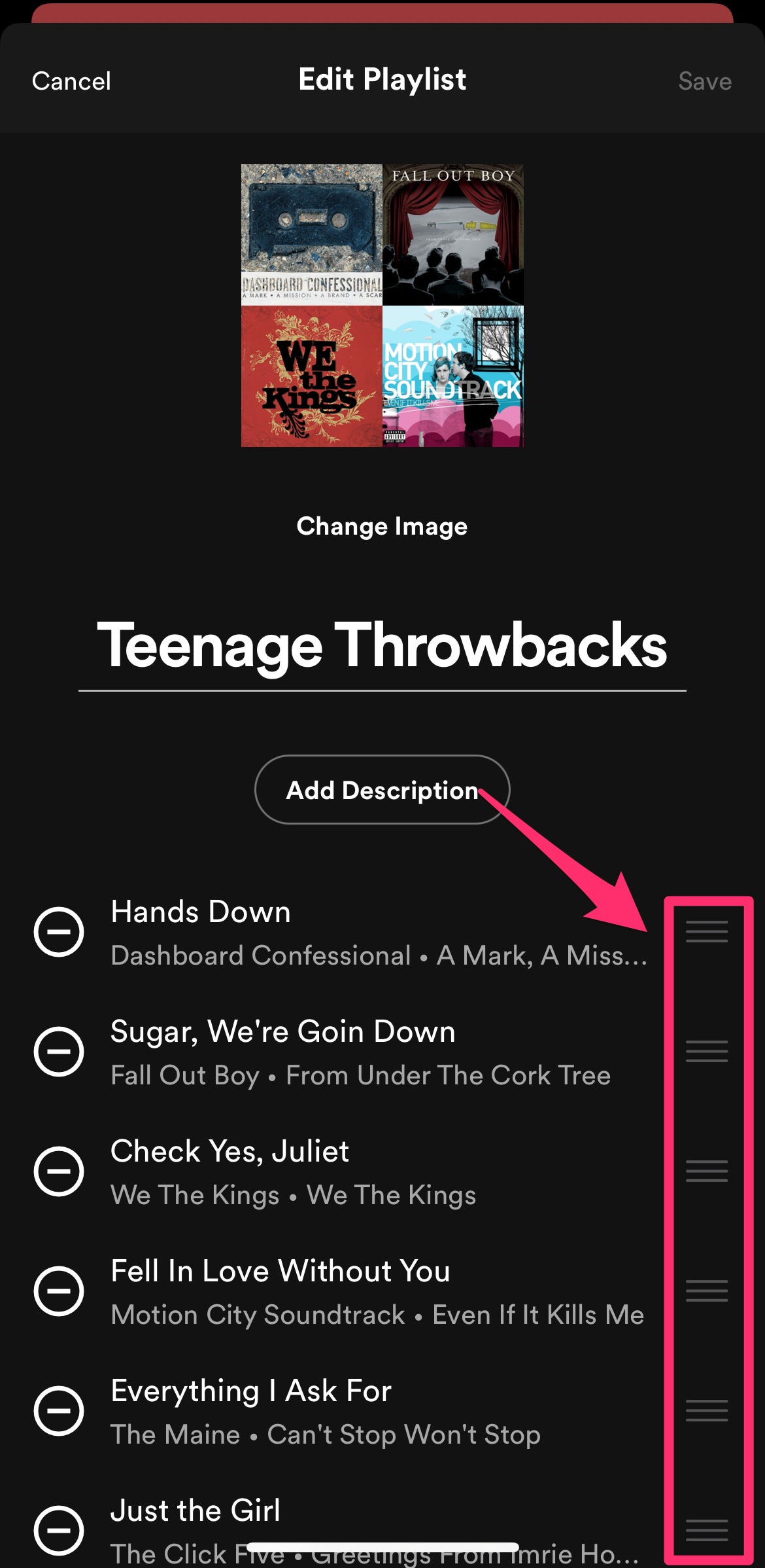 Menu Spotify Modifica playlist con le barre orizzontali evidenziate.