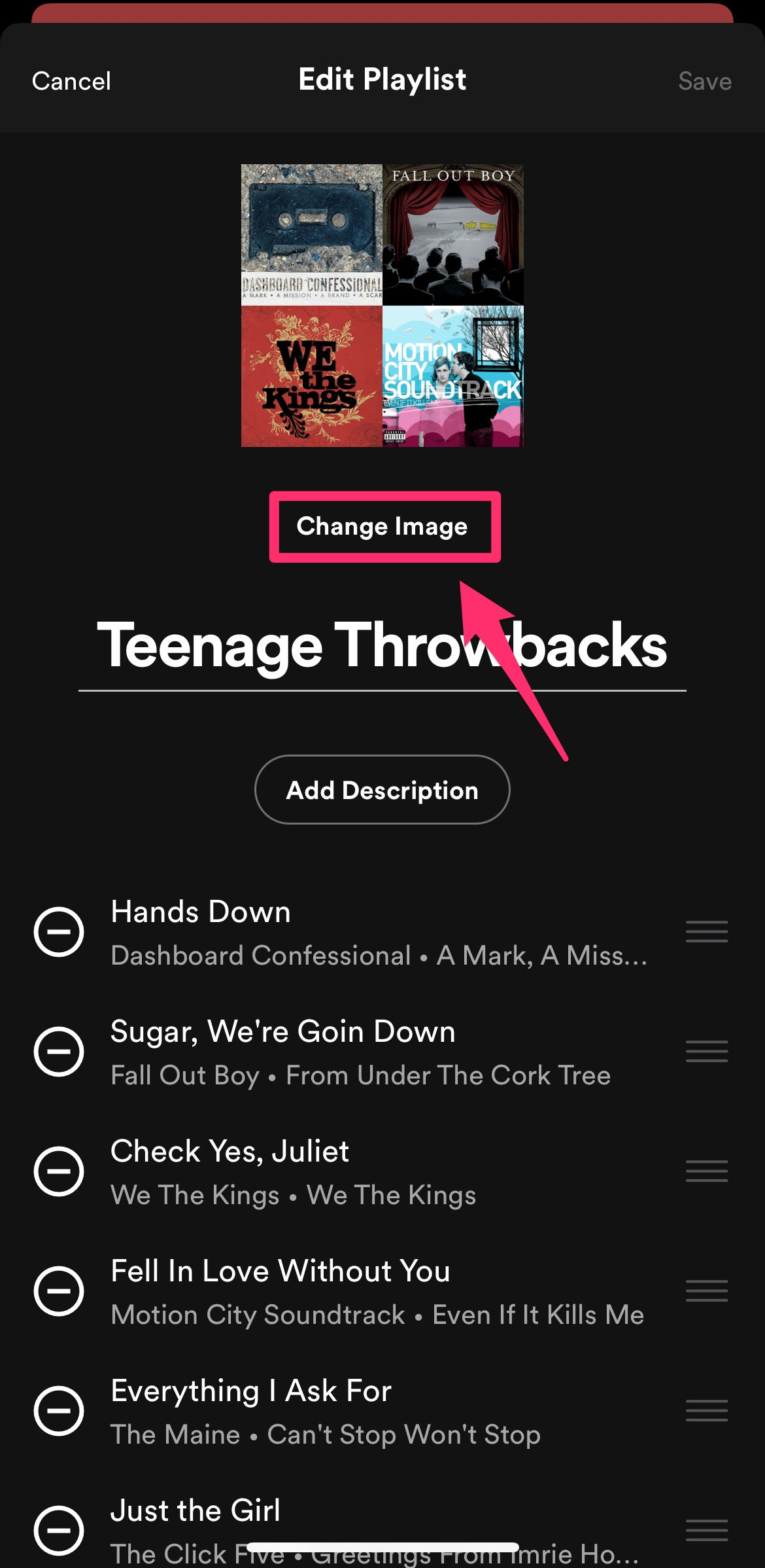 Menu Modifica playlist di Spotify con l'opzione Cambia immagine evidenziata.