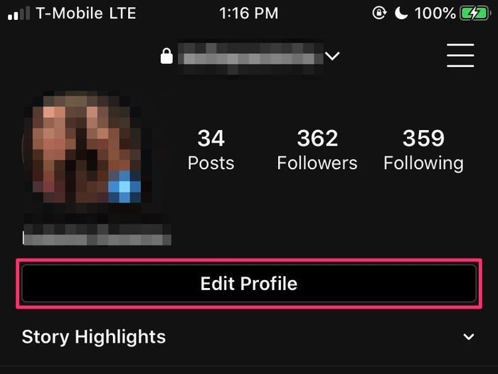 Screenshot del profilo Instagram con il pulsante Modifica profilo evidenziato.