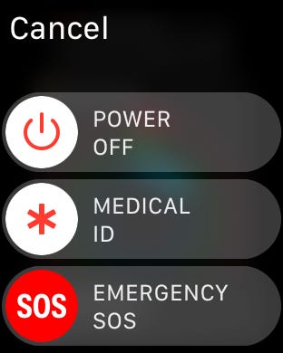 Schermata del menu di spegnimento di Apple Watch