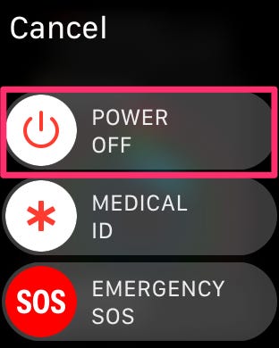 Schermata del menu di spegnimento di Apple Watch che evidenzia il pulsante di spegnimento