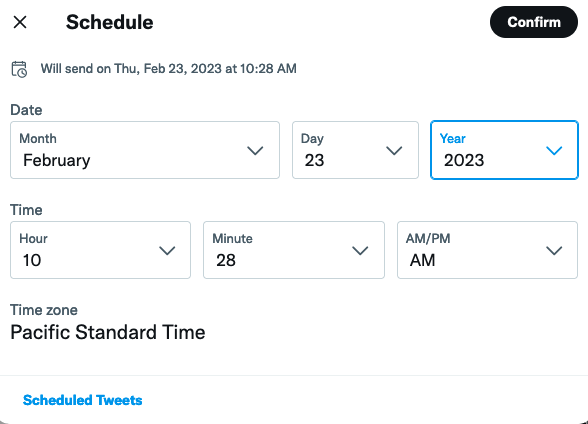 Screenshot della funzione del calendario dei tweet di Twitter.