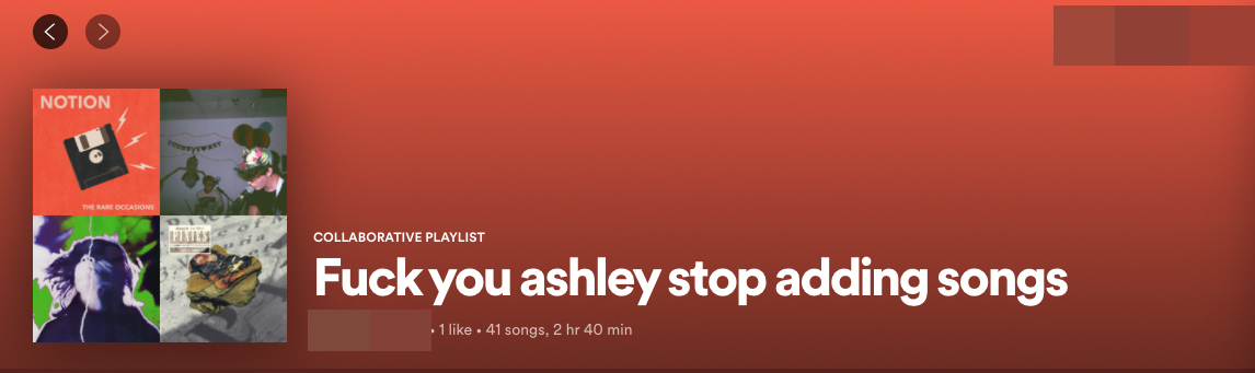 Una playlist di Spotify intitolata "Vaffanculo ashley, smetti di aggiungere canzoni"