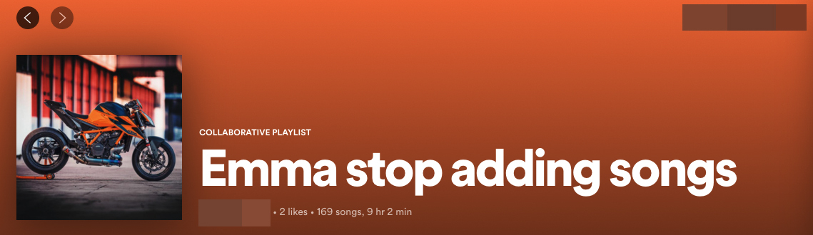 Una playlist di Spotify intitolata "Emma smetti di aggiungere canzoni"