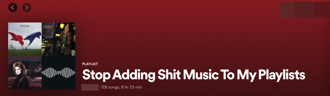 Una playlist di Spotify intitolata "Smetti di aggiungere musica di merda alla mia playlist
