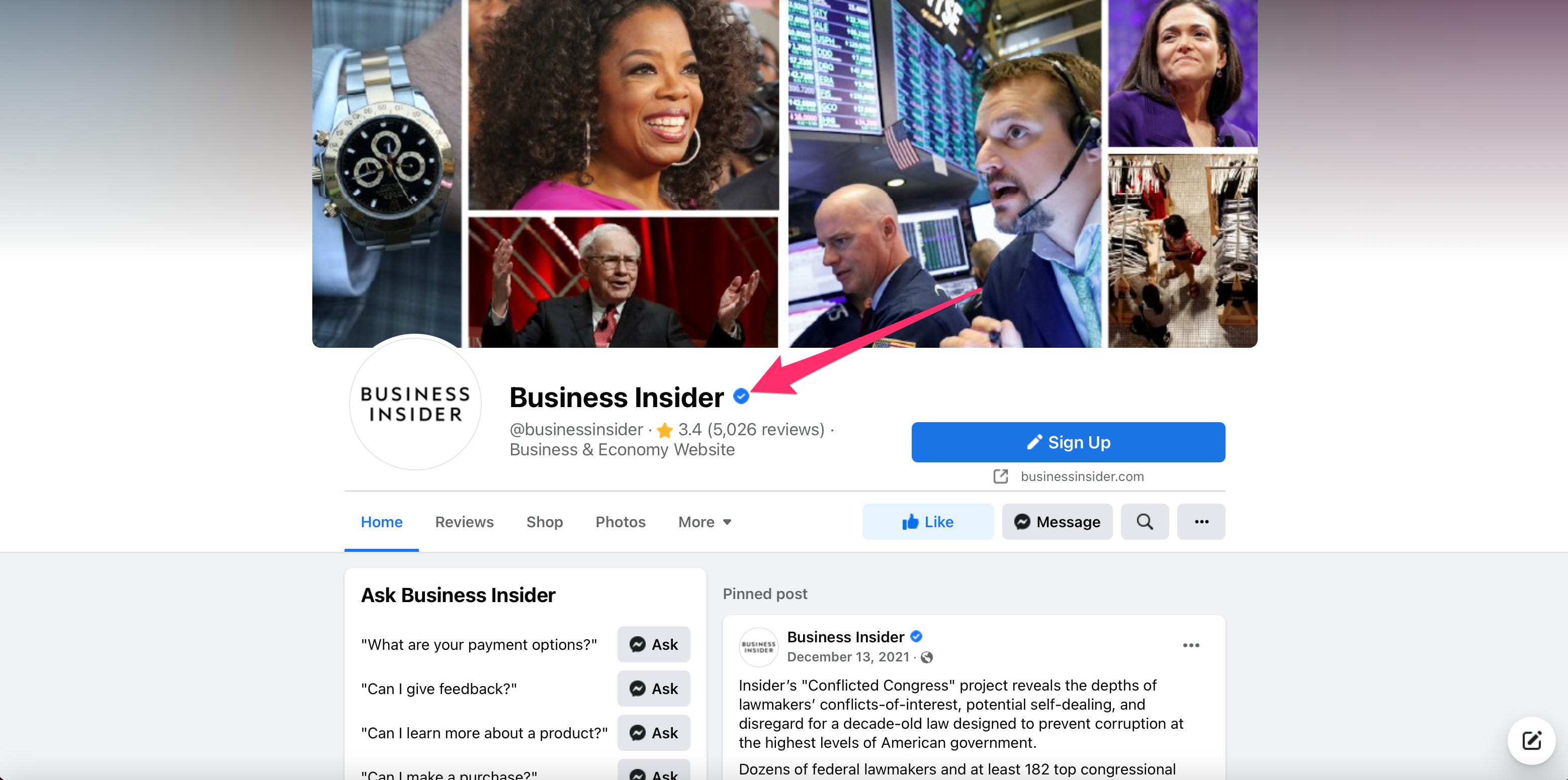 la pagina Facebook di Business Insider con il badge verificato blu indicato da una freccia rossa.