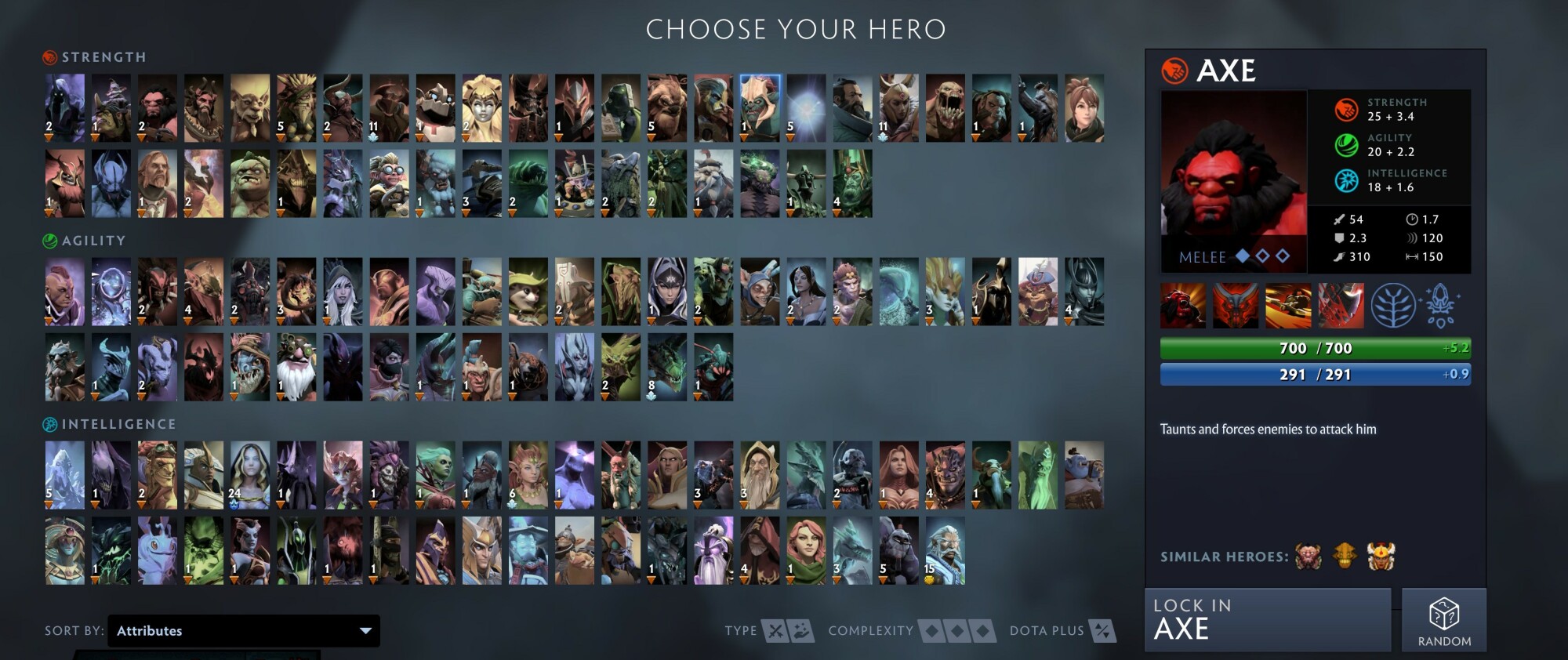 Uno screenshot della schermata di selezione del personaggio di Dota 2.