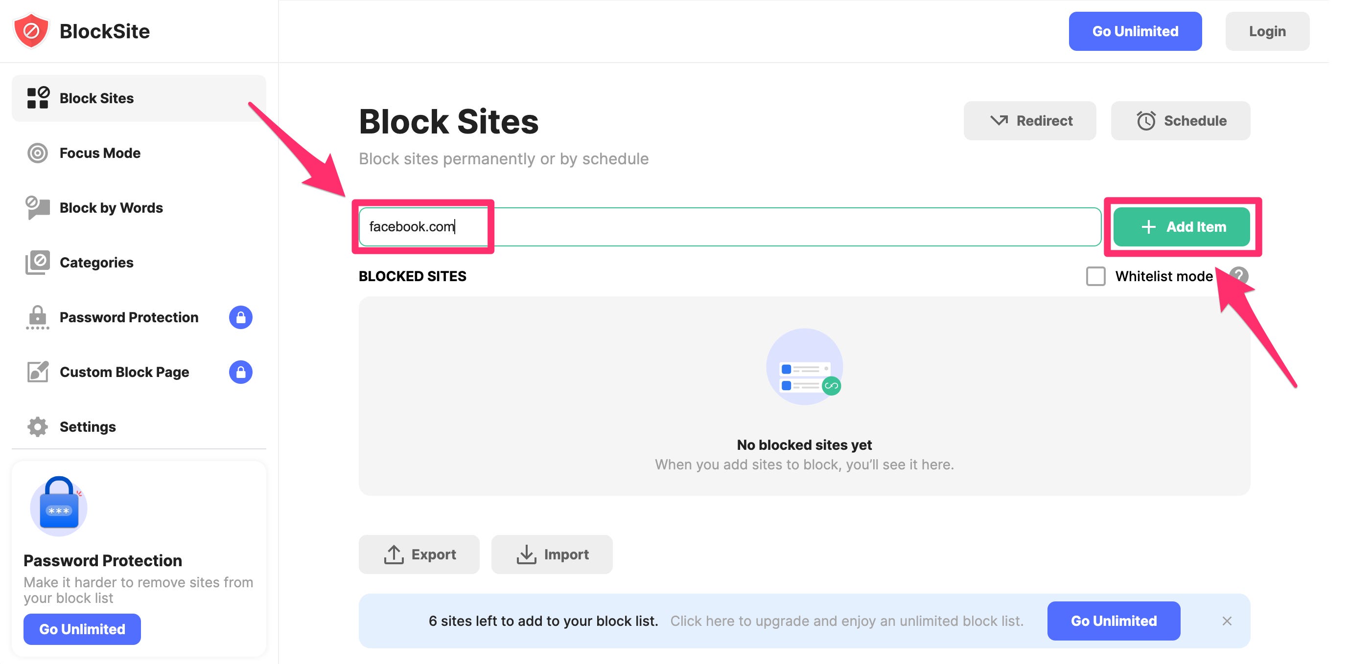 Pagina delle impostazioni di BlockSite con l'URL e il pulsante Aggiungi elemento evidenziato