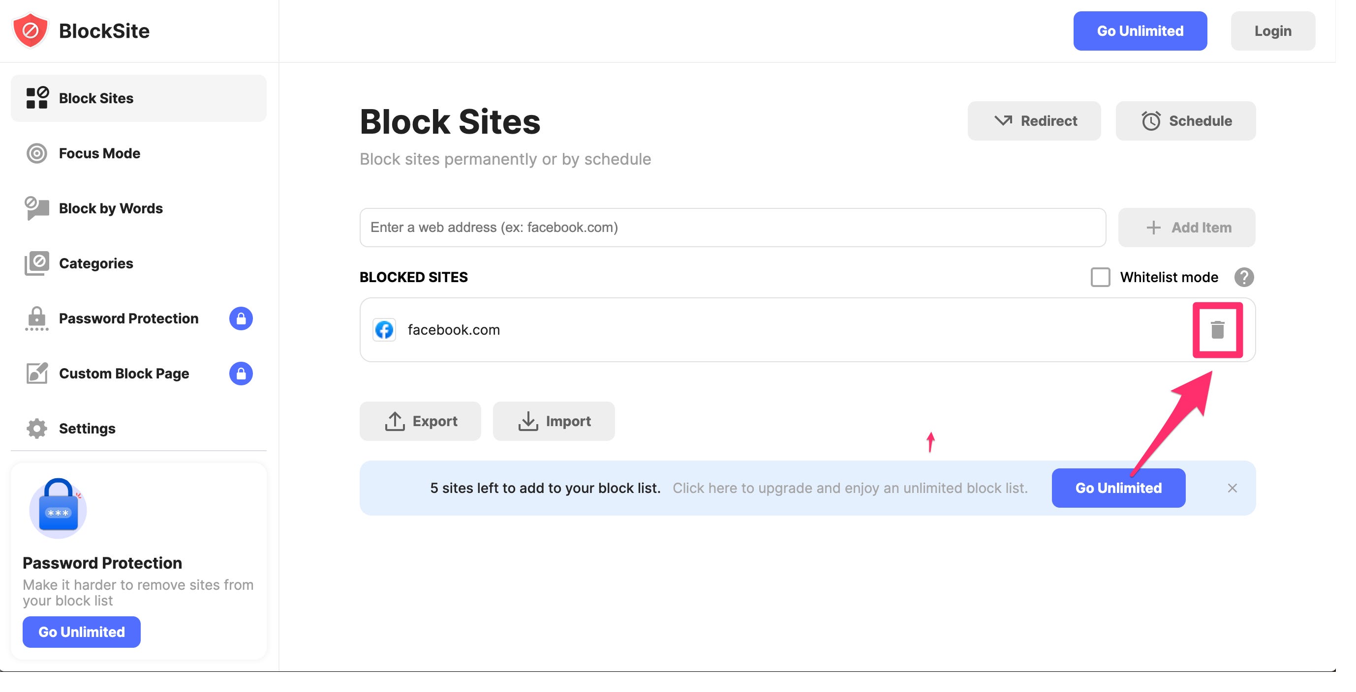 Pagina delle impostazioni di BlockSite con l'icona del cestino evidenziata.