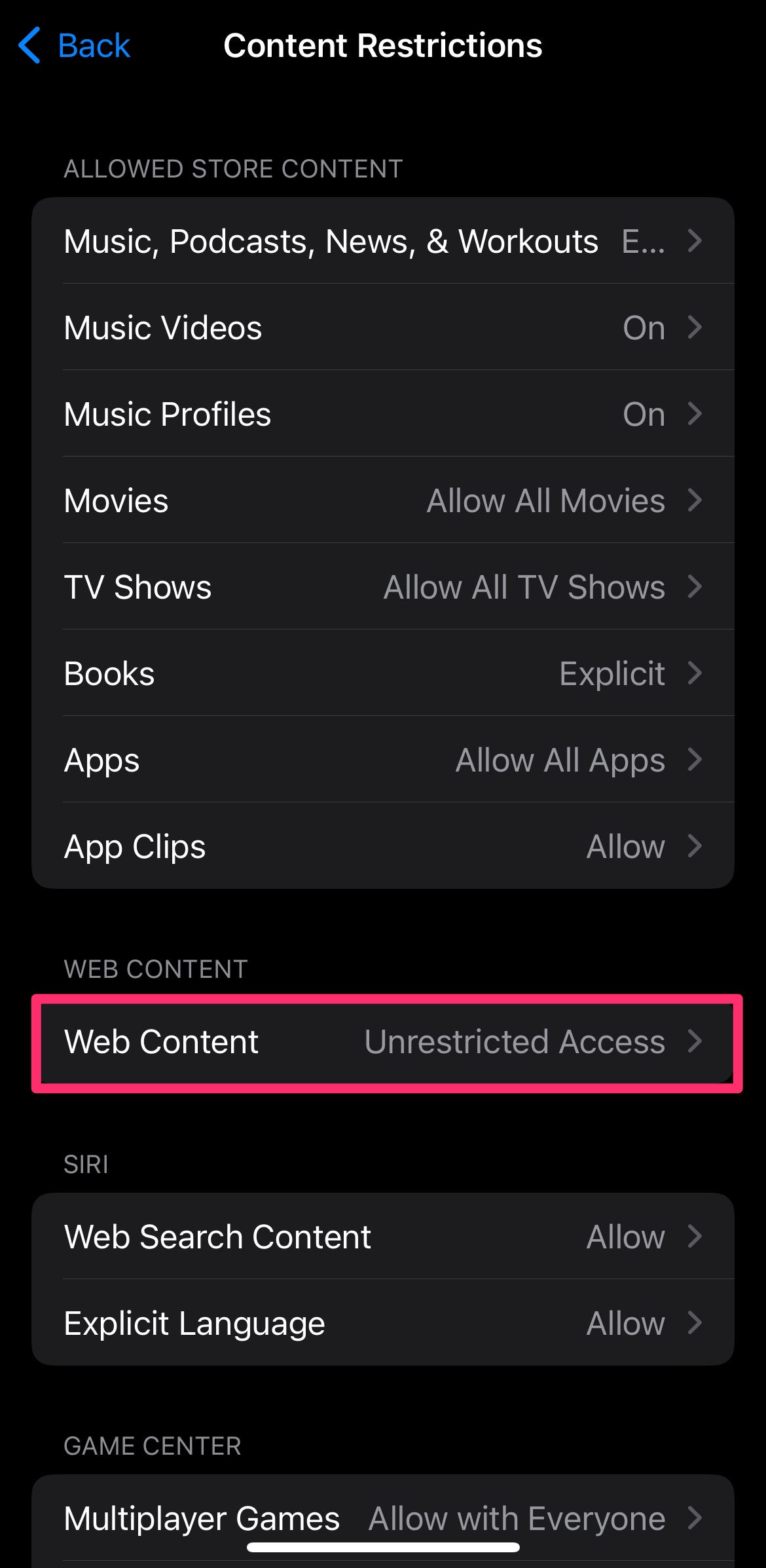 Impostazioni delle restrizioni del contenuto con il contenuto Web evidenziato.