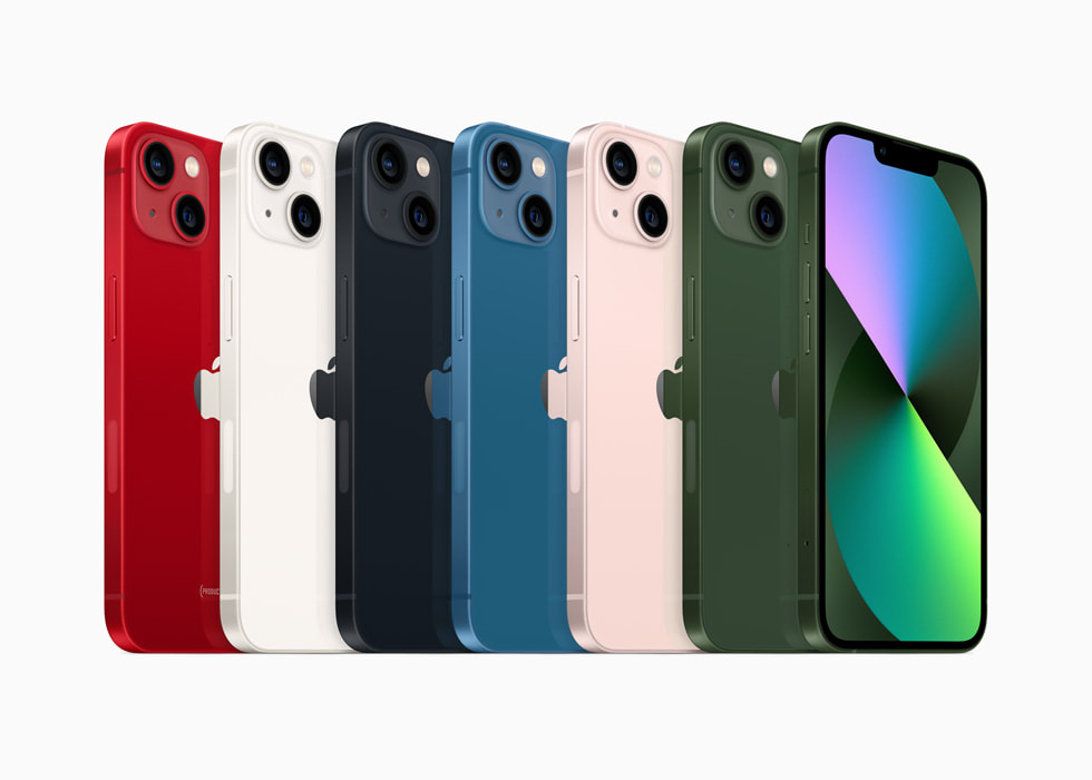 iPhone 13 in (PRODUCT)RED, starlight, mezzanotte, blu, rosa e il nuovissimo verde.