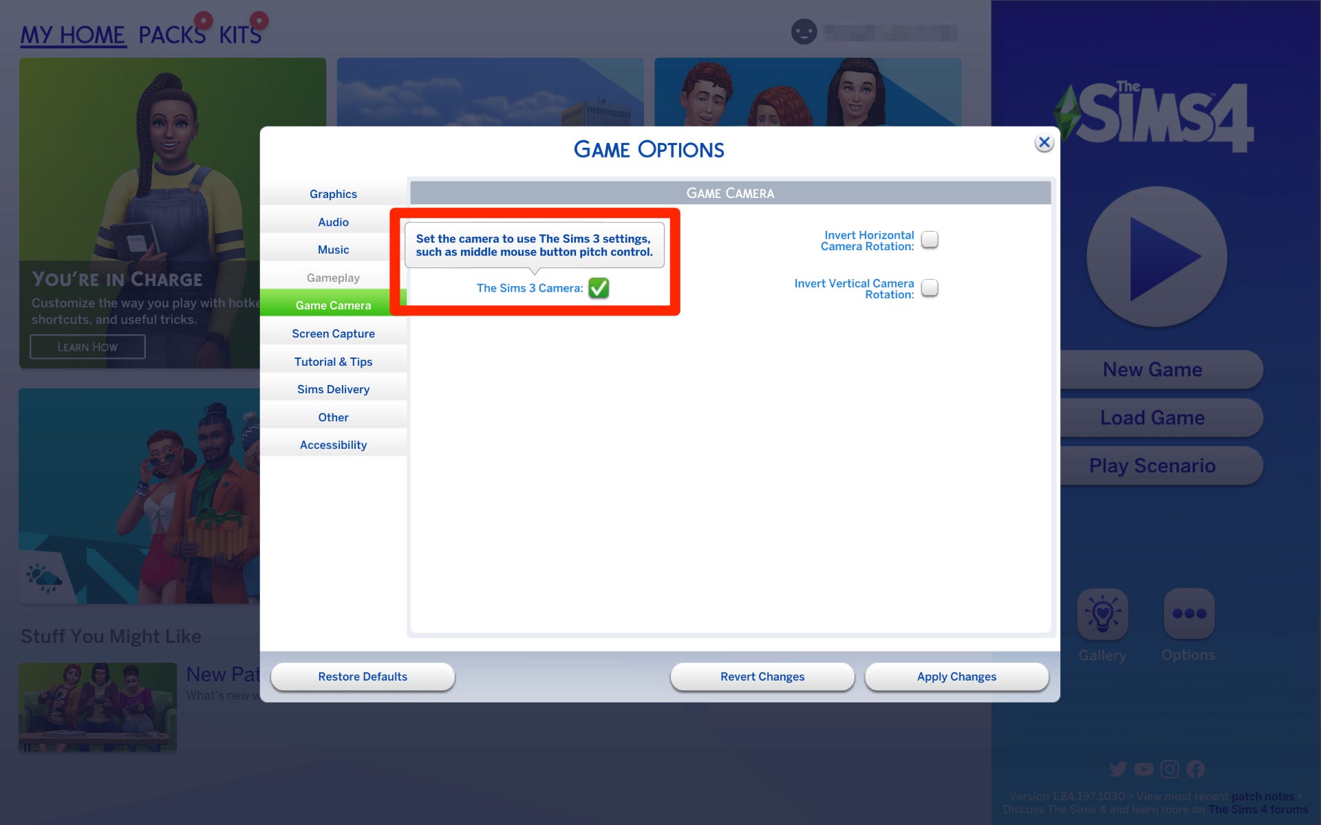 Il menu Impostazioni in The Sims 4, con la fotocamera di Sims 3 evidenziata.