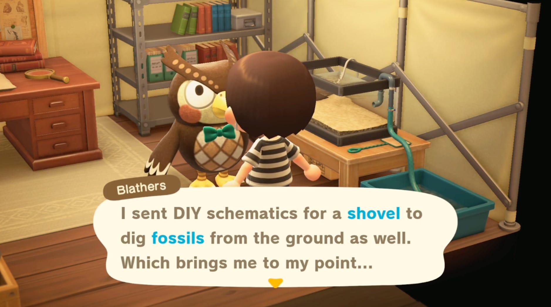 Uno screenshot di Animal Crossing: New Horizons, che mostra il giocatore che parla con il personaggio Blathers.