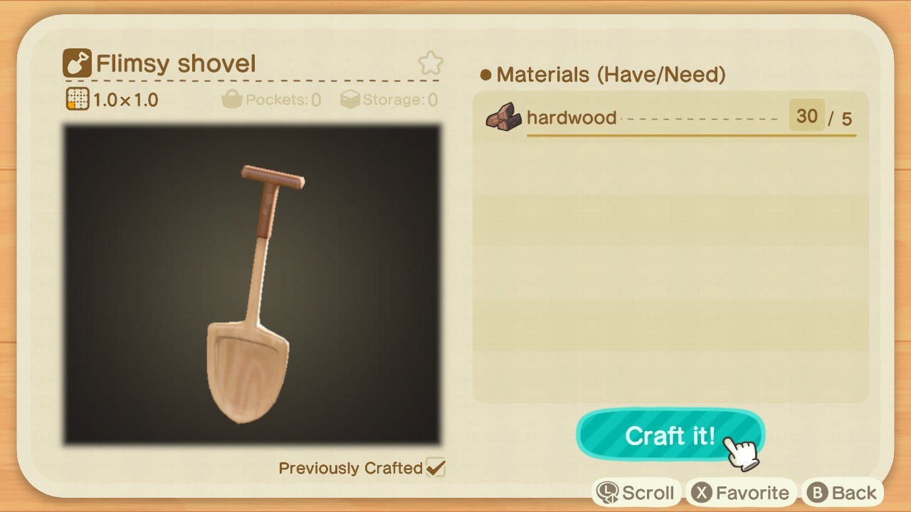 La ricetta di fabbricazione per una pala fragile in Animal Crossing: New Horizons.
