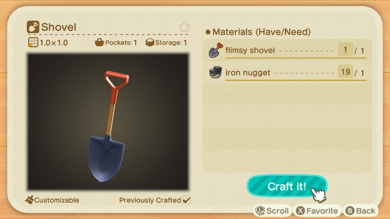 La ricetta di fabbricazione della pala in Animal Crossing: New Horizons.