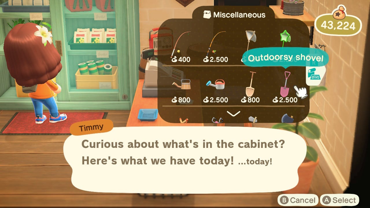 Uno screenshot di Animal Crossing: New Horizons, che mostra il giocatore che acquista una "pala all'aperto".