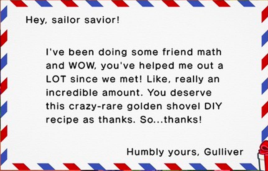 Uno screenshot di Animal Crossing: New Horizons, che mostra una lettera del personaggio Gulliver.