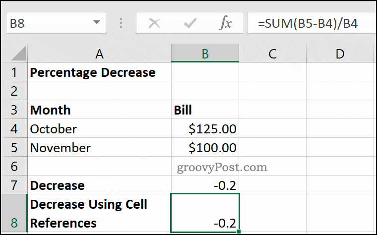 Un esempio di diminuzione percentuale in Microsoft Excel