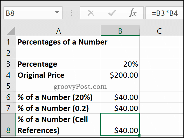 Percentuali di un numero, mostrate in Microsoft Excel