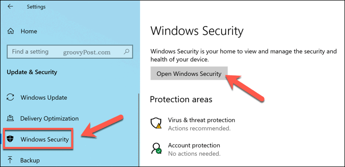 Apertura del menu Sicurezza su Windows.