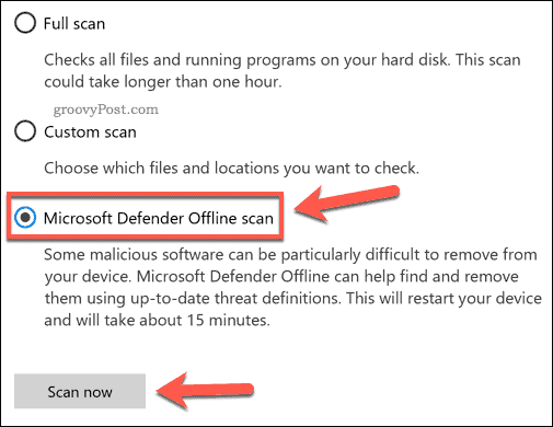 Pianificazione di una scansione di avvio di Microsoft Defender su Windows.