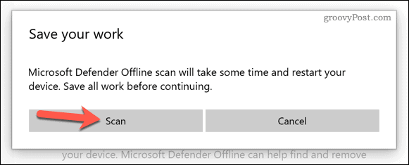 Conferma l'avvio del processo di scansione di avvio di Microsoft Defender.