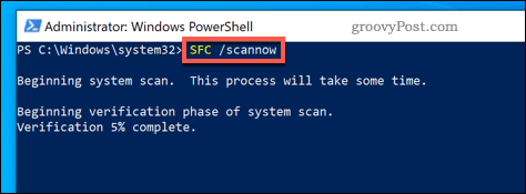 Esecuzione dello strumento SFC su Windows.