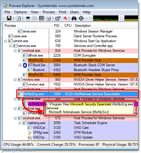 msmpeng.exe in Esplora processi di Windows 7