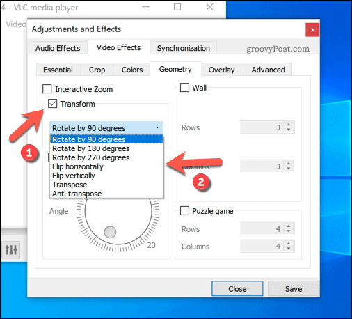Impostazione delle rotazioni preimpostate in VLC su Windows
