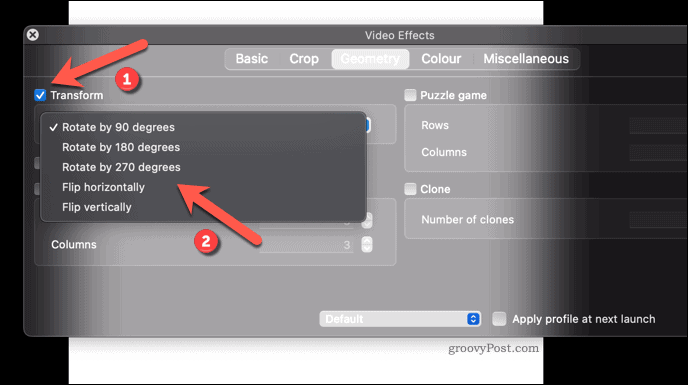 Applicazione di un effetto di rotazione video a VLC su Mac