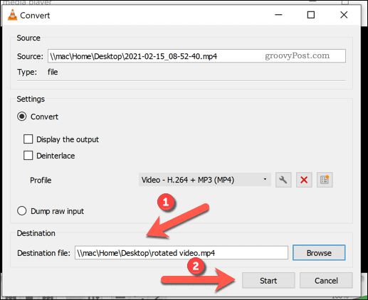 Avvio di una conversione di file in VLC su Windows