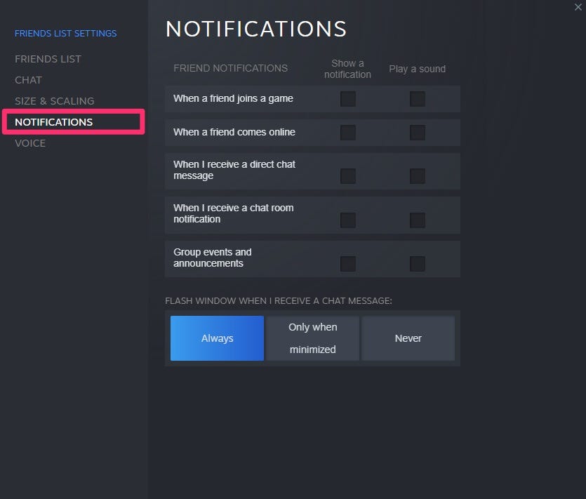 Come disattivare le notifiche di Steam