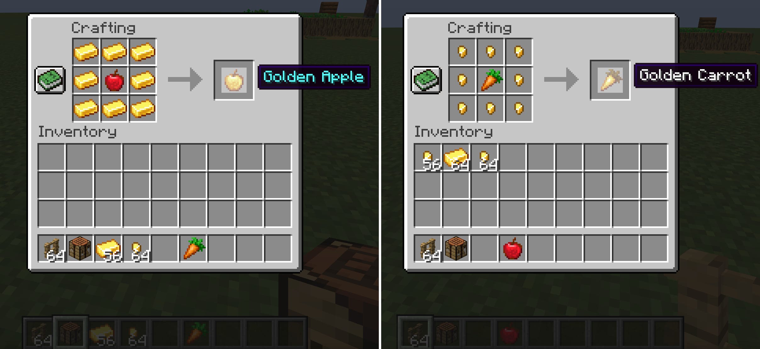 Due screenshot del gioco Minecraft, che mostrano le ricette di fabbricazione per Golden Apples e Golden Carrots.