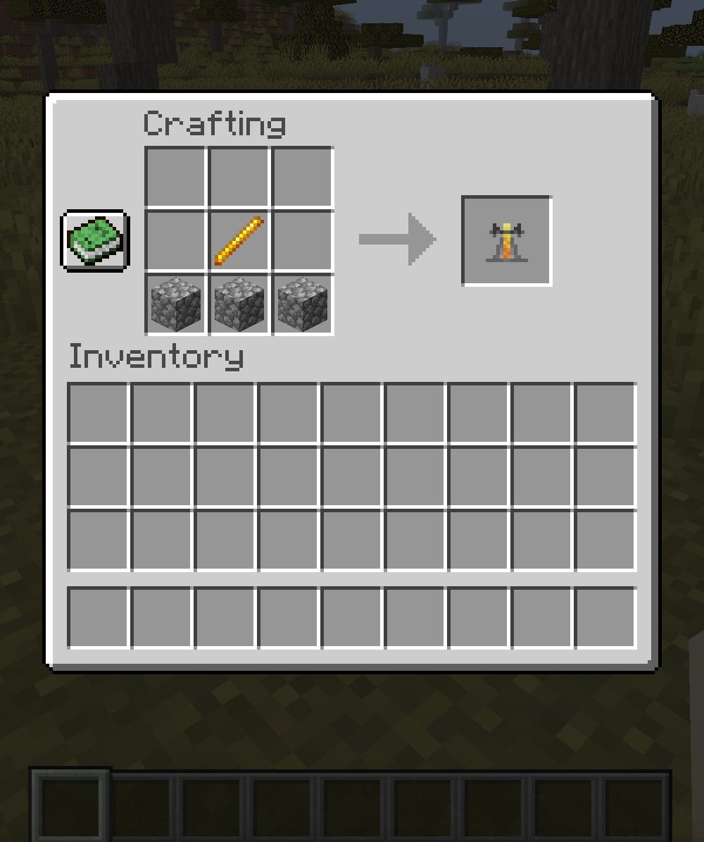 Il menu Creazione in Minecraft, che mostra un supporto per la produzione di birra in fase di creazione.
