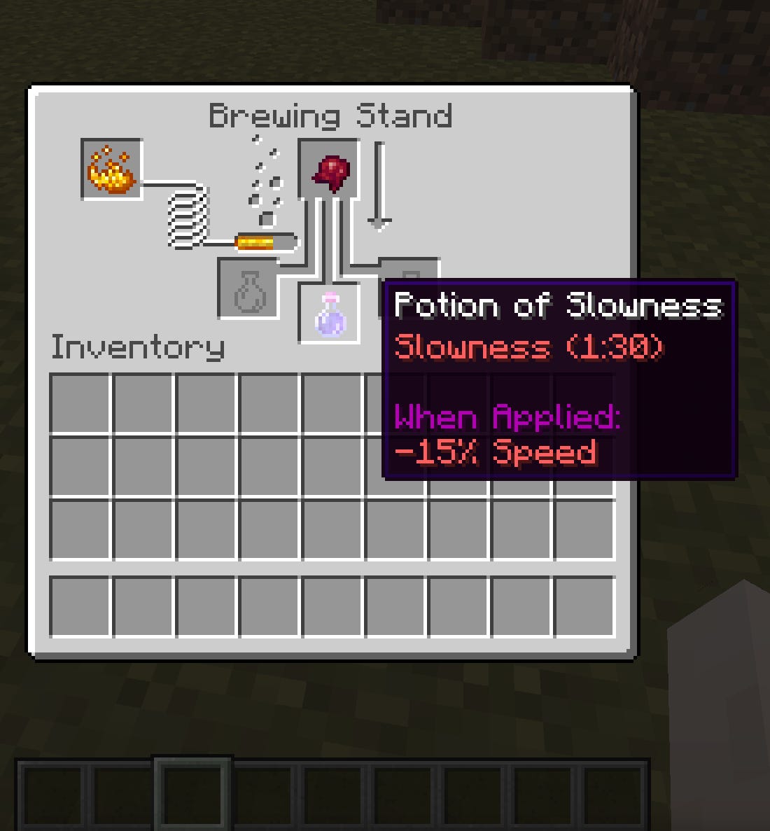 Il menu Brewing Stand in Minecraft, che mostra una pozione della lentezza in fase di creazione.