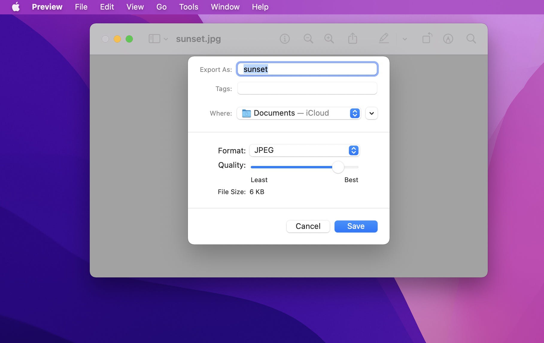 Salvare un file come JPG utilizzando il menu Esporta in Anteprima su MacOS