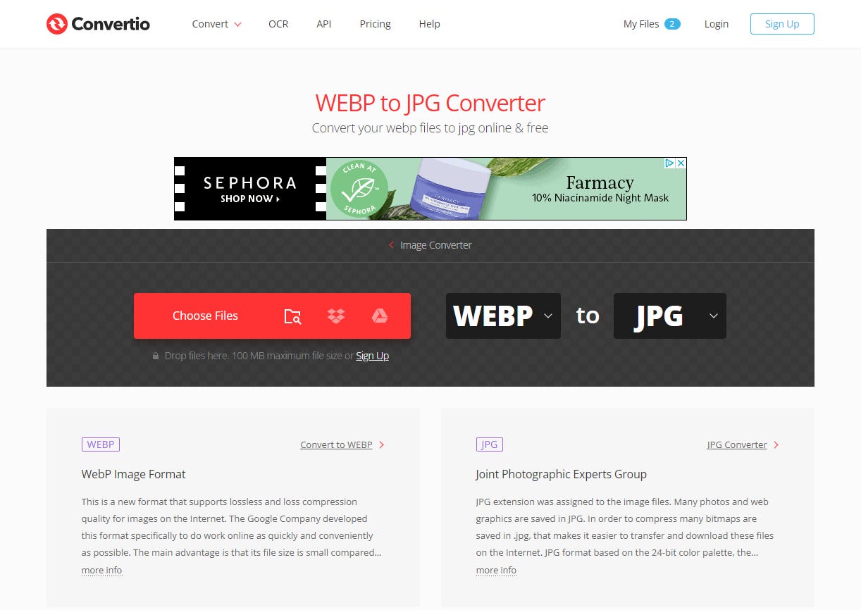 Salvataggio di un WEBP come JPG in Convertio in Chrome.