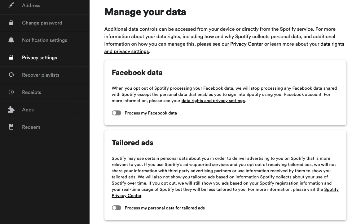 Uno screenshot delle impostazioni sulla privacy di Spotify.