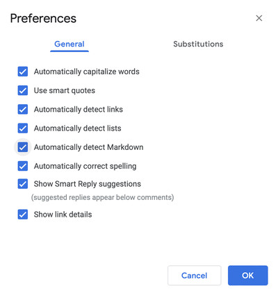 Screenshot del riquadro delle preferenze di Google Docs, con l'opzione "Rileva automaticamente Markdown" selezionata.