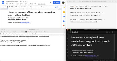 Uno screenshot di come Google Docs, IA Writer, TextEdit.app e Obsidian gestiscono la visualizzazione del testo Markdown.