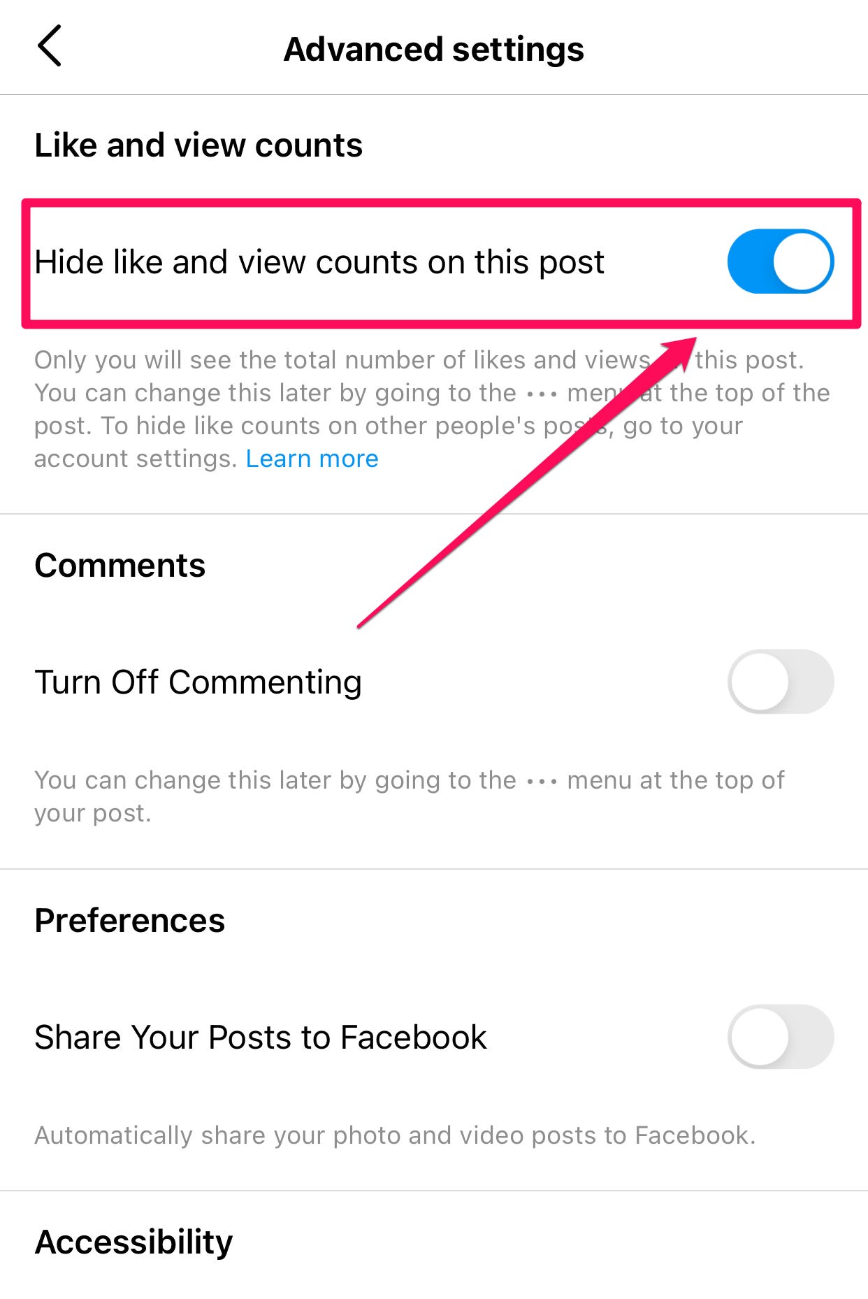 La pagina Impostazioni avanzate per la configurazione di un post di Instagram.