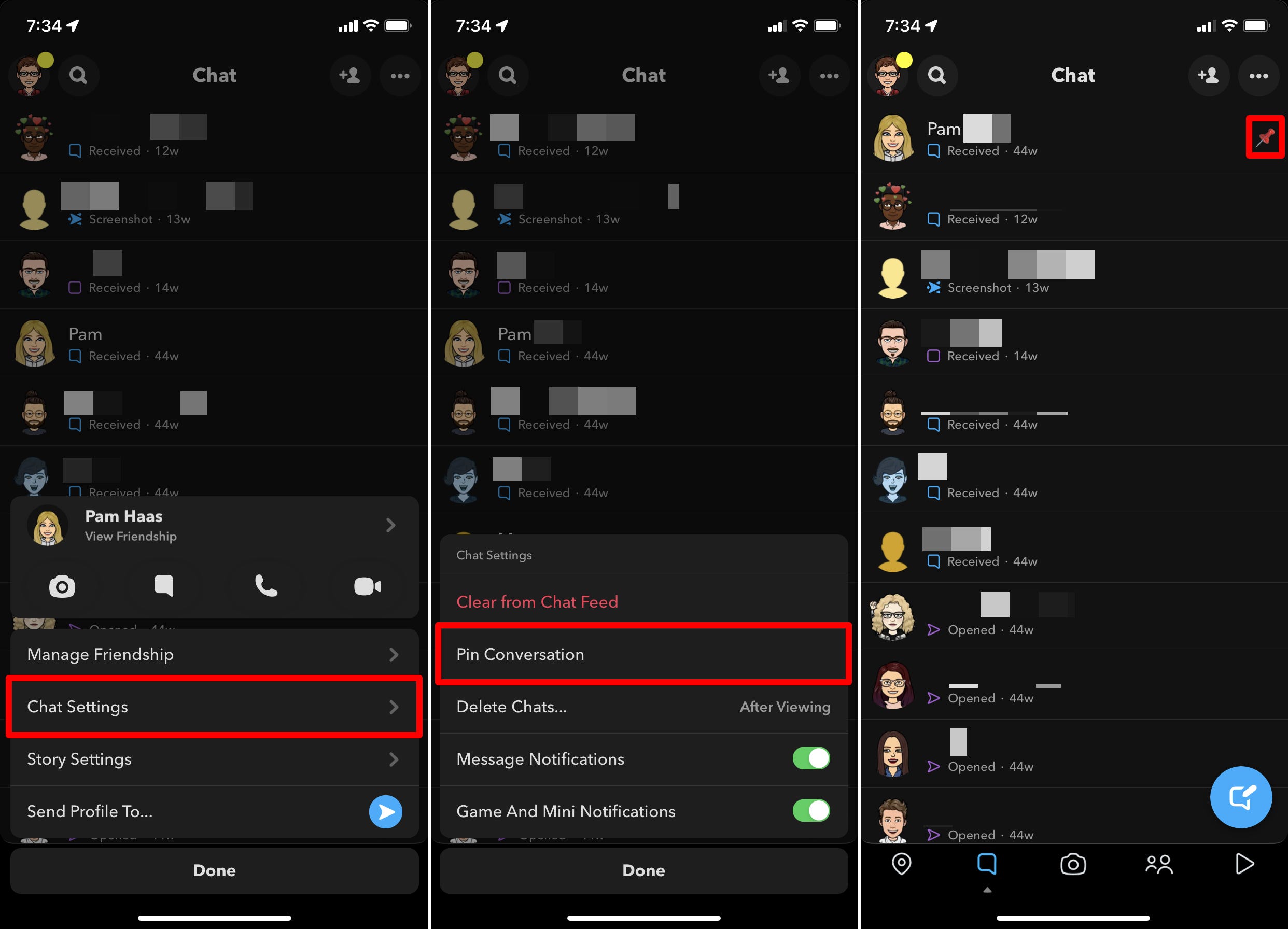 I menu in Snapchat che ti consentono di bloccare una conversazione nella parte superiore della pagina della chat.