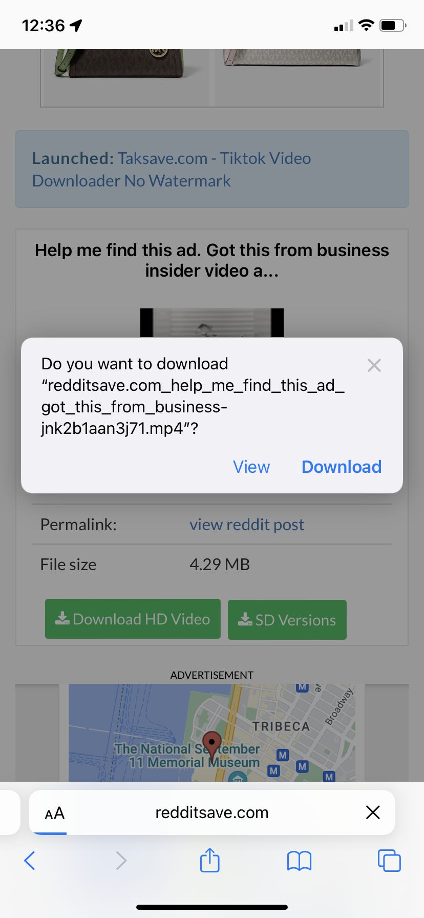 RedditSalva su un iPhone. Sullo schermo compare una finestra di dialogo che chiede all'utente se desidera scaricare un video.