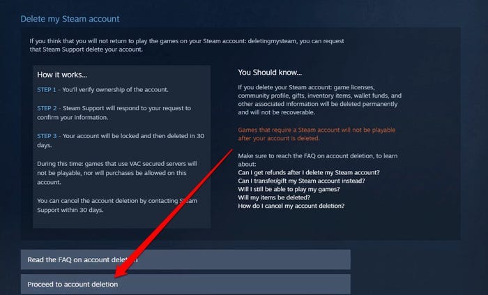 Screenshot della pagina delle informazioni di Steam sull'eliminazione dell'account con il pulsante Procedi all'eliminazione dell'account evidenziato.