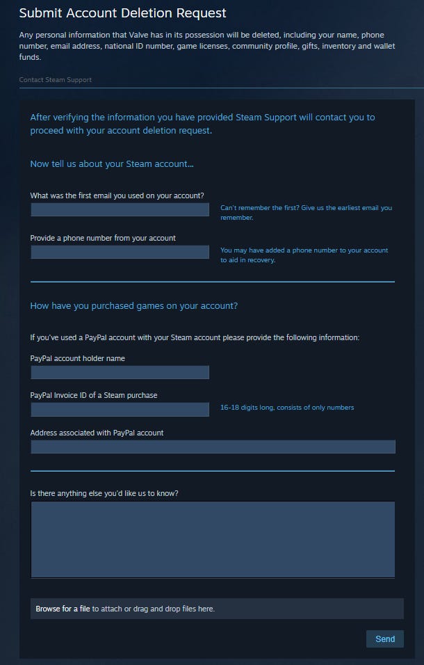 Screenshot del modulo di eliminazione dell'account Steam.